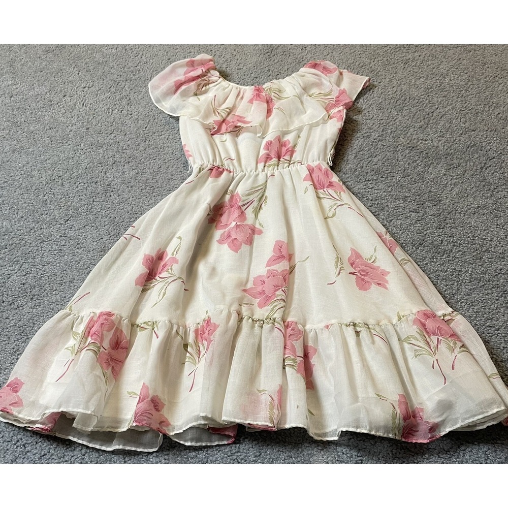 Vtg Miss Nannette Girl's Tiered Dress Sz 10 White Pink Floral Ruffles USA Party - Picture 4 of 10